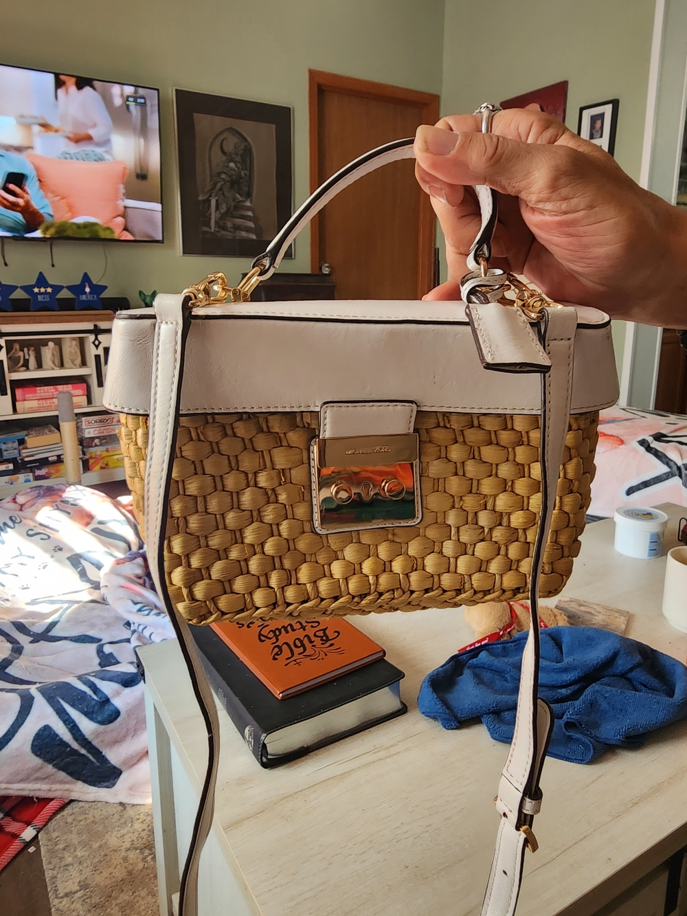 Michael Kors Straw Woven Satchel with White Trim